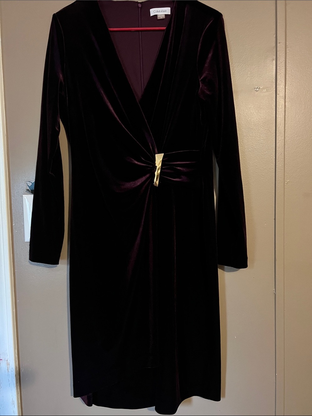 Calvin Klein Long Sleeve Velvet Dress in Deep Wine with Gold Accent